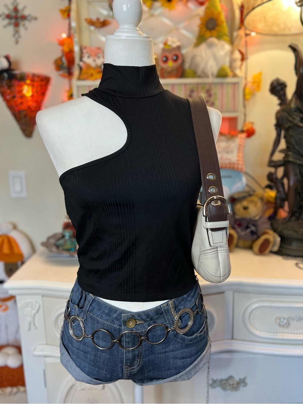 Bar III Black One-Shoulder Ribbed Mock Neck Camisole